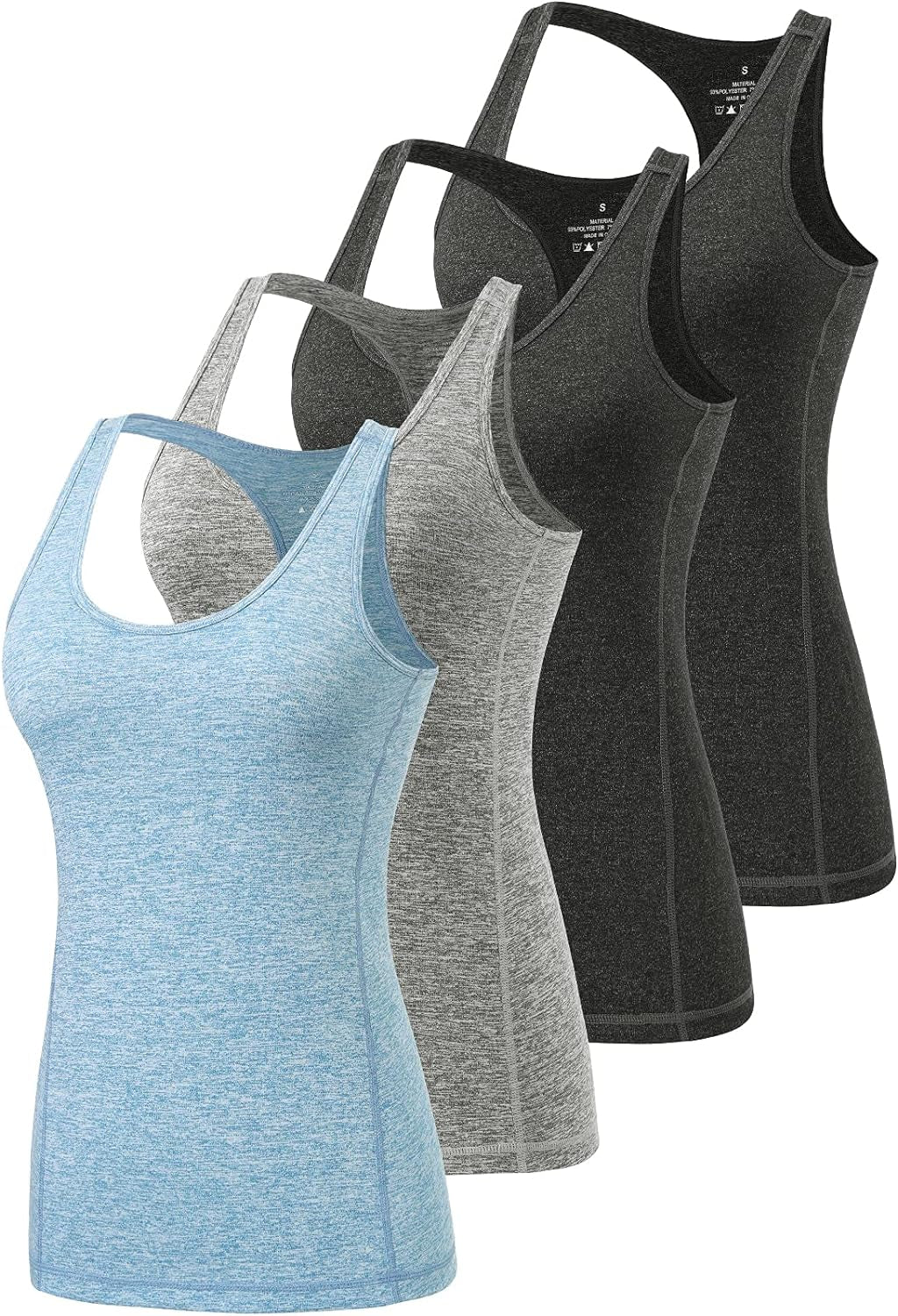 Workout Tank Tops for Women Racerback Athletic Tanks Running Exercise Gym Tank Top - 4 Packs Black/Black/Gray/Blue S