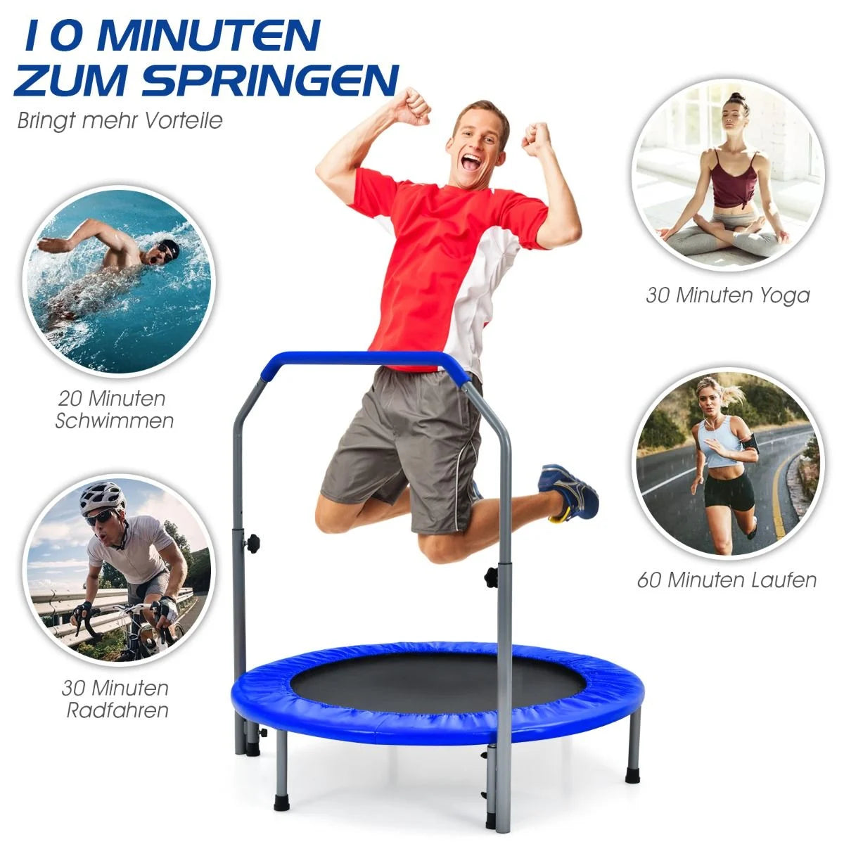Ø101 Cm Klappbares Mini-Trampolin Fitness-Trampolin Mit Höhenverstellbarm Haltegriff