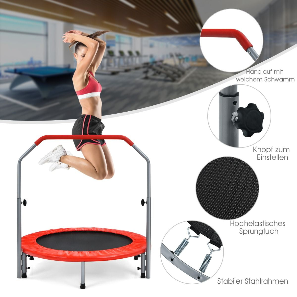 Ø101 Cm Klappbares Mini-Trampolin Fitness-Trampolin Mit Höhenverstellbarm Haltegriff