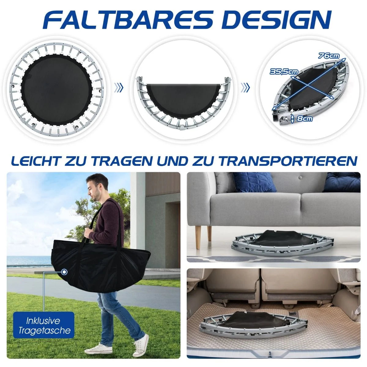 Ø101 Cm Klappbares Mini-Trampolin Fitness-Trampolin Mit Höhenverstellbarm Haltegriff